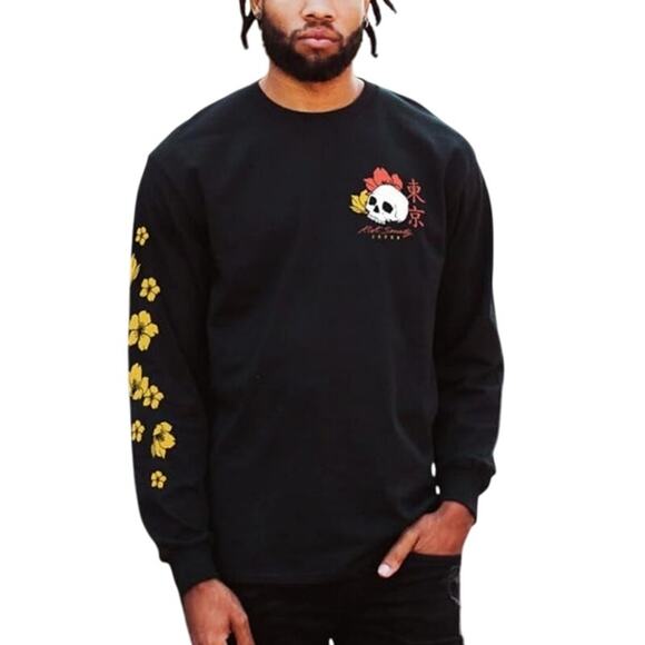 Riot Society Men Black Long Sleeve T-Shirt L Panda Rose Goblincore Asian Samurai - Picture 1 of 9